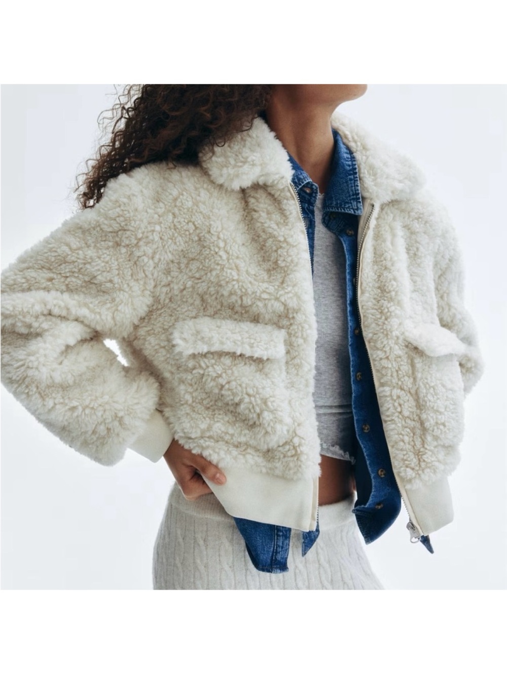 H&M Cream Teddy Sherpa Cropped Jacket